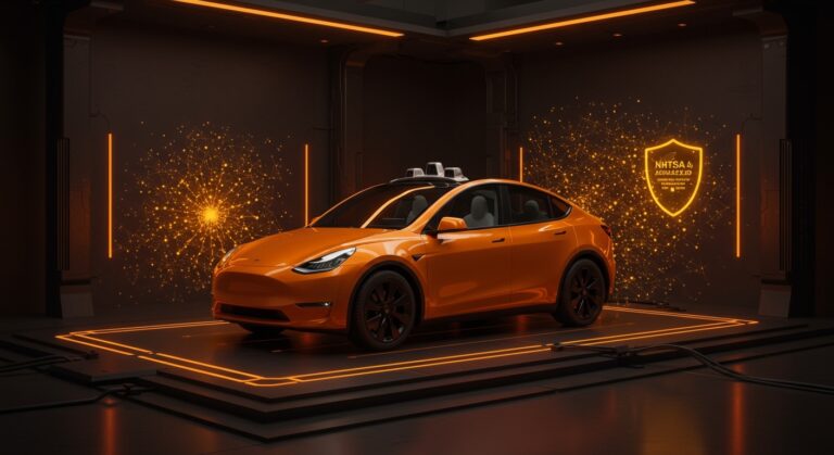 Tesla Model Y con certificación NHTSA ADAS 2.0, simbolizando la seguridad de la inteligencia artificial en vehículos autónomos.
