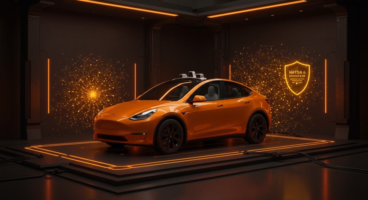 Tesla Model Y con certificación NHTSA ADAS 2.0, simbolizando la seguridad de la inteligencia artificial en vehículos autónomos.