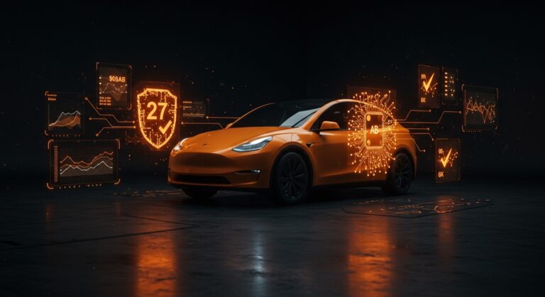Tesla Model Y superando pruebas ADAS de NHTSA, simbolizando el avance en seguridad vial con IA y vehículos autónomos.