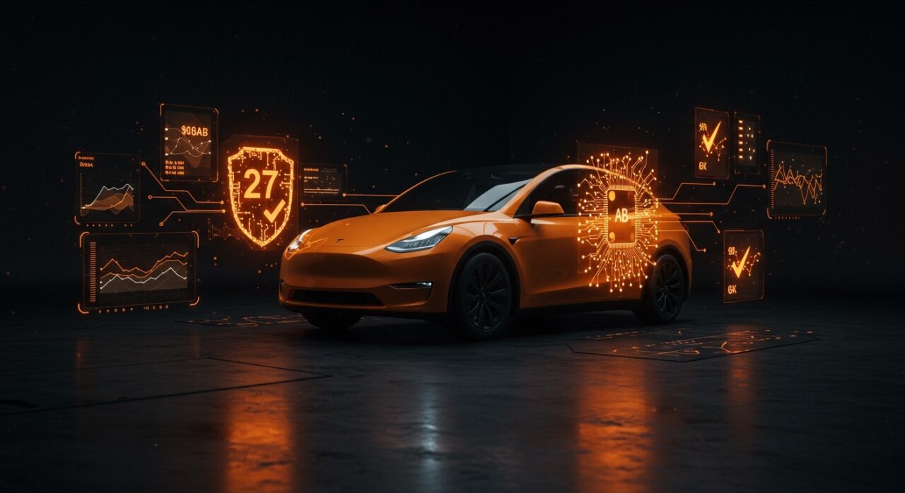 Tesla Model Y superando pruebas ADAS de NHTSA, simbolizando el avance en seguridad vial con IA y vehículos autónomos.