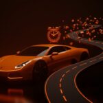 Concepto visual de un Tesla Roadster estilizado en un entorno digital, representando el retraso en el desarrollo de productos y la gestión de expectativas en startups.