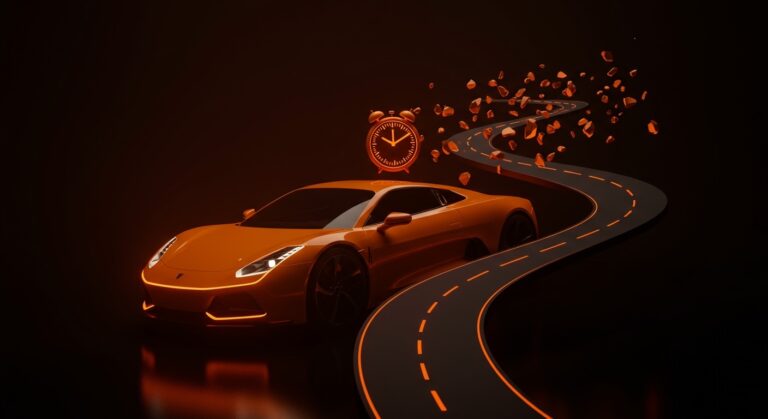 Concepto visual de un Tesla Roadster estilizado en un entorno digital, representando el retraso en el desarrollo de productos y la gestión de expectativas en startups.