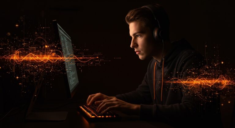 Joven desarrollador trabajando en código puro sin ayuda de IA, representando la formación técnica tradicional y el talento junior en startups.