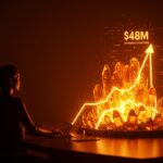 Concepto de fundraising fintech en LATAM con elementos de crecimiento financiero y tecnología de cobranza automatizada en tonos naranja y negro.