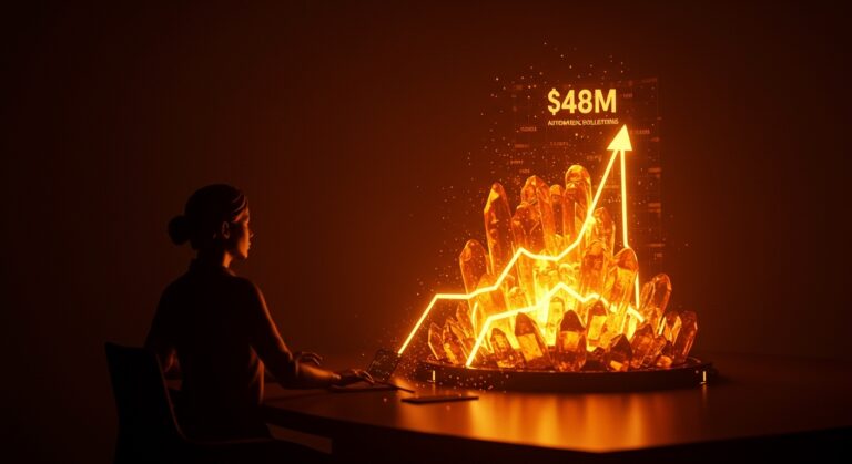 Concepto de fundraising fintech en LATAM con elementos de crecimiento financiero y tecnología de cobranza automatizada en tonos naranja y negro.