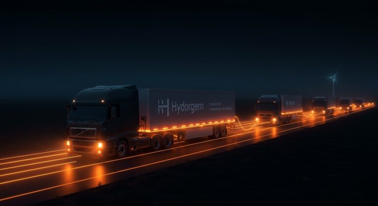 Camiones de transporte pesado impulsados por hidrógeno en una carretera futurista, representando la movilidad sostenible y alianzas estratégicas entre Toyota e Hyroad.