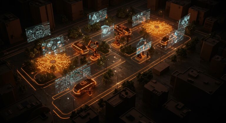 Representación conceptual de Toyota Woven City con infraestructura de IA y robótica urbana en tonos naranja y negro.