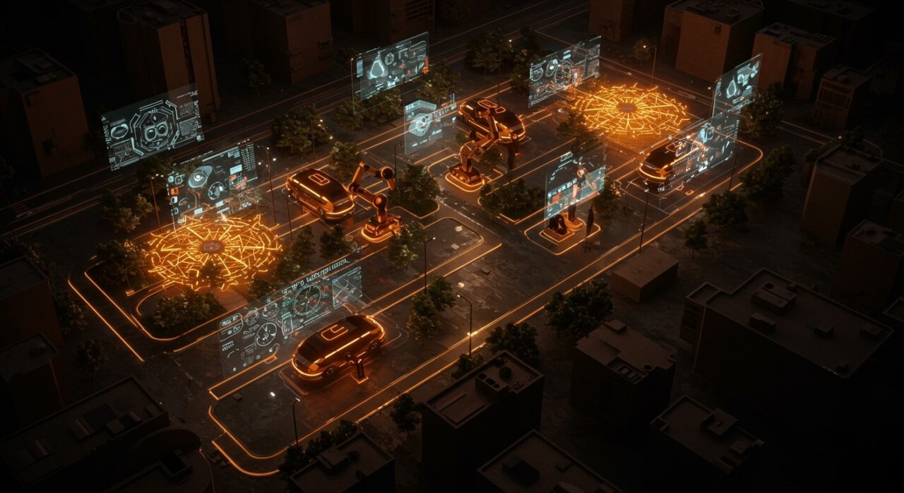 Representación conceptual de Toyota Woven City con infraestructura de IA y robótica urbana en tonos naranja y negro.