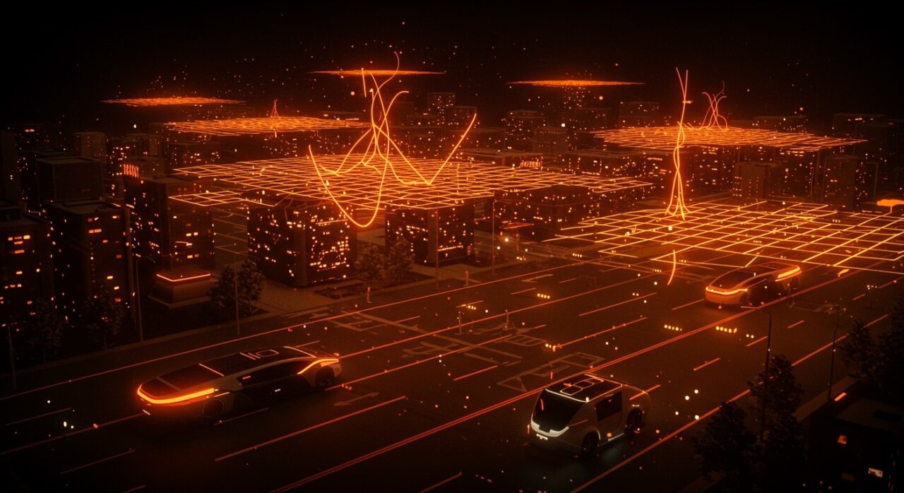 Representación conceptual de Toyota Woven City con infraestructura de smart city, IA y movilidad autónoma en tonos naranja y negro.