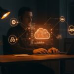 Escritorio digital moderno y minimalista con elementos de automatización TI, representando la evolución hacia el trabajo híbrido en 2026.
