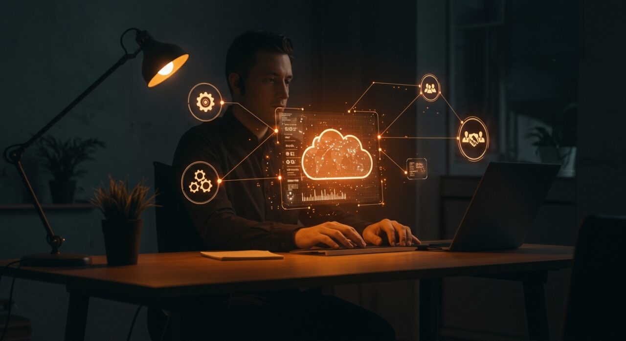 Escritorio digital moderno y minimalista con elementos de automatización TI, representando la evolución hacia el trabajo híbrido en 2026.