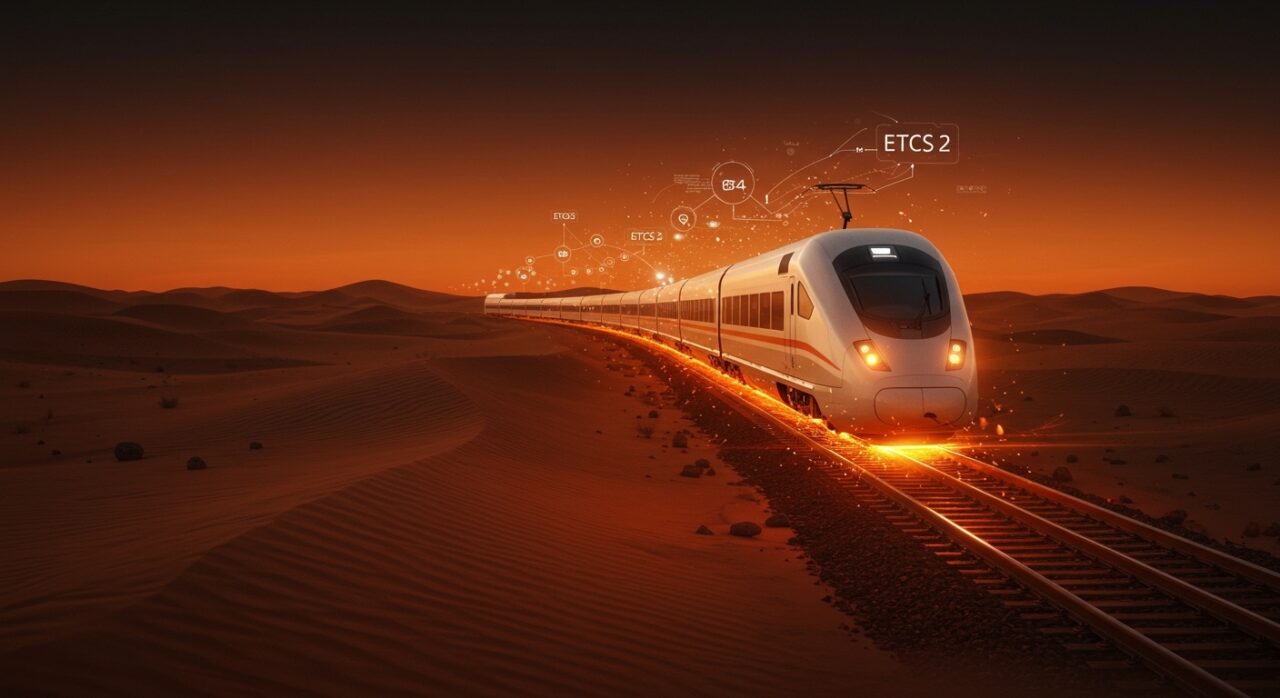 Tren de alta tecnología conectando Emiratos y Omán, simbolizando oportunidades de logística inteligente y startups de infraestructura tech en Oriente Medio.