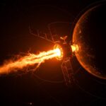 Satélites de defensa en órbita con iluminación naranja y negra, representando la inversión en defense tech y startups espaciales.