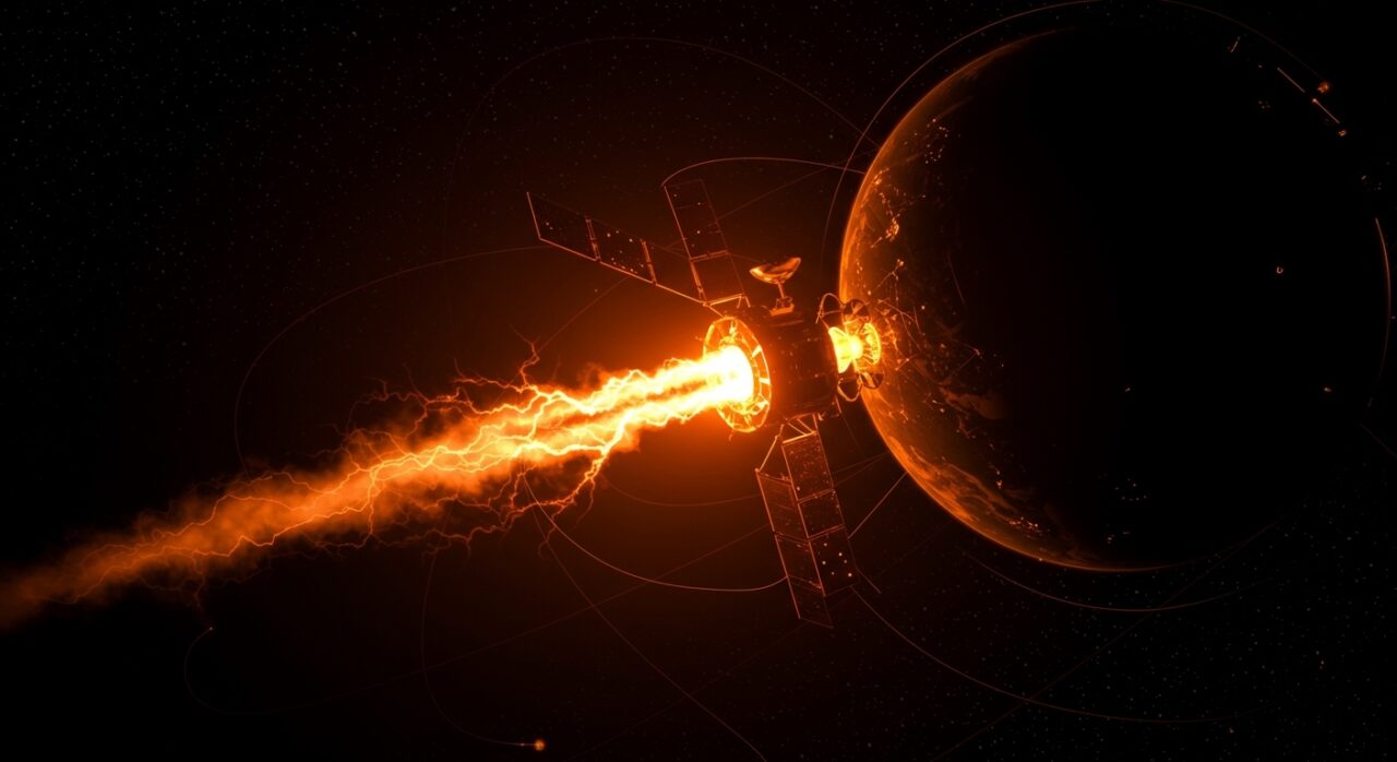 Satélites de defensa en órbita con iluminación naranja y negra, representando la inversión en defense tech y startups espaciales.