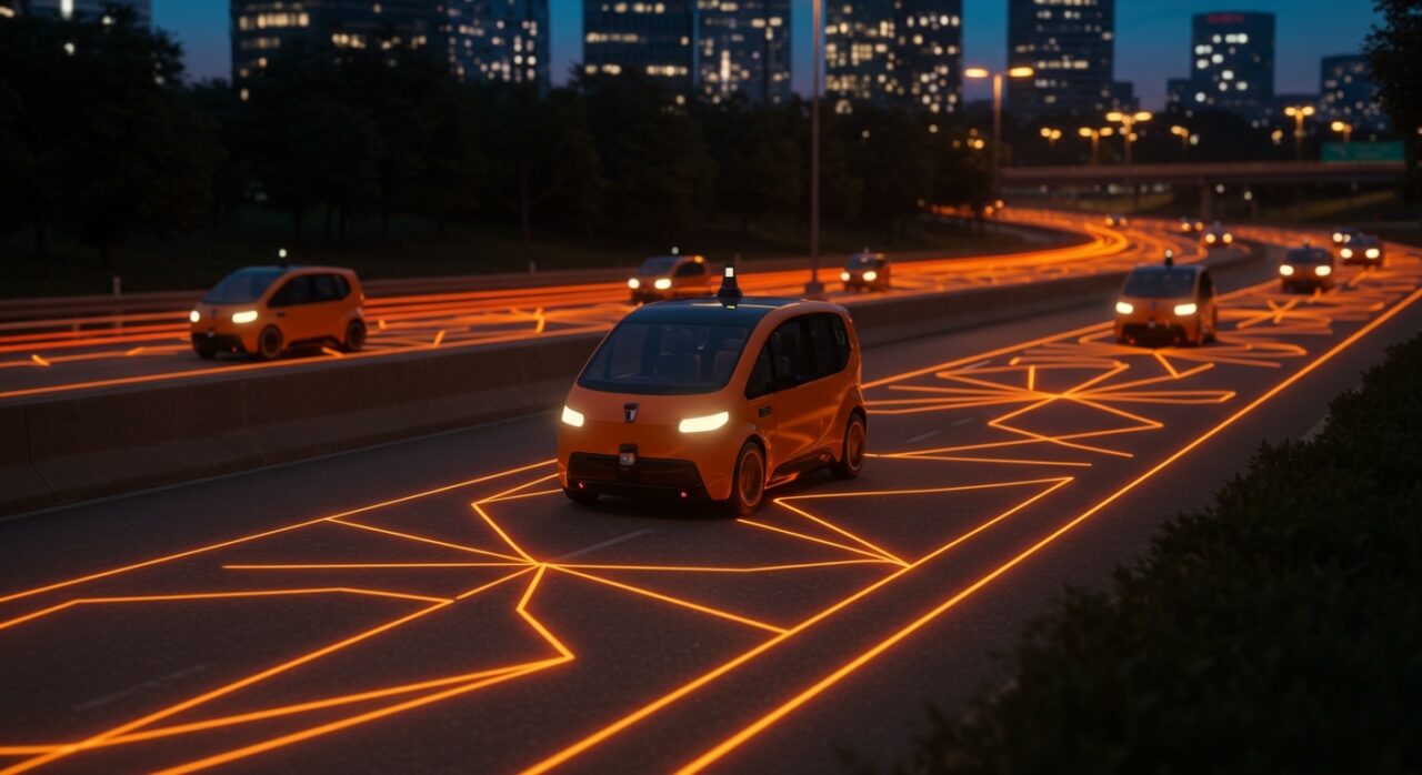 Flota de robotaxis autónomos de Uber representando la transformación de la movilidad y el impacto para startups tecnológicas.