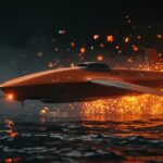 Drones navales autónomos con IA en combate, simbolizando la disrupción tecnológica y la innovación bajo coste en Ucrania 2026.