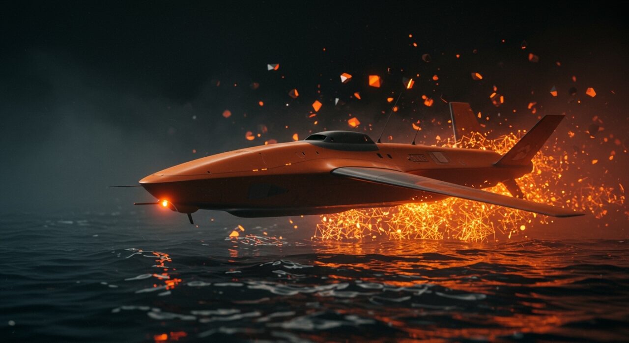 Drones navales autónomos con IA en combate, simbolizando la disrupción tecnológica y la innovación bajo coste en Ucrania 2026.