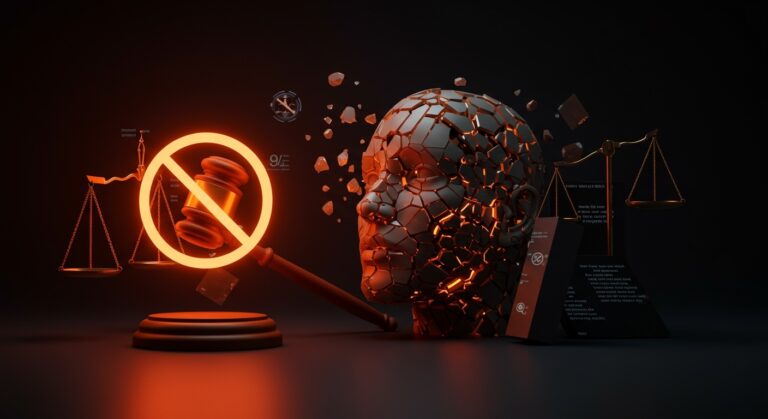 Representación conceptual de la regulación de la IA en la UE contra deepfakes sexuales y el cumplimiento legal para startups.