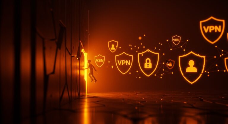 Representación conceptual de la evasión de verificación de edad mediante VPNs bajo la regulación Digital Services Act de la UE.