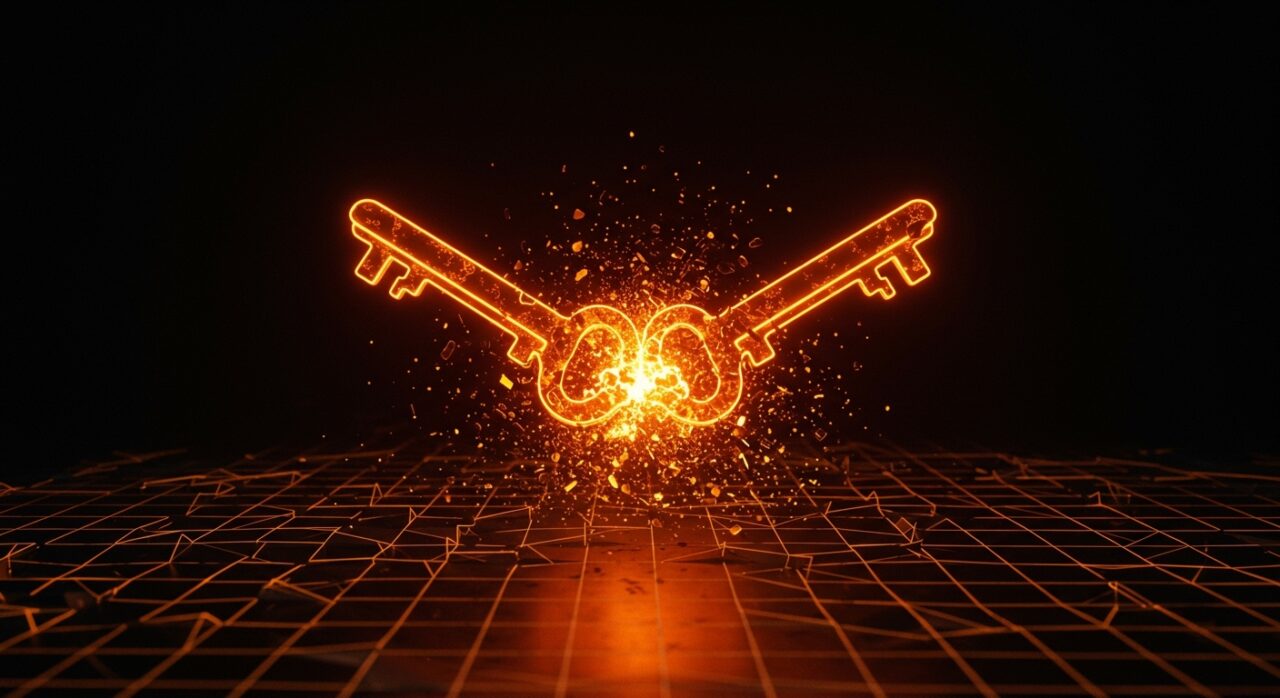 Representación conceptual de colisión de UUID v4 en arquitectura de base de datos para startups, destacando seguridad de datos y sistemas distribuidos.