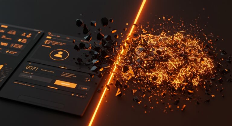 Diseño de UX en SaaS comparando la inteligencia artificial y la usabilidad con estética naranja y negra.