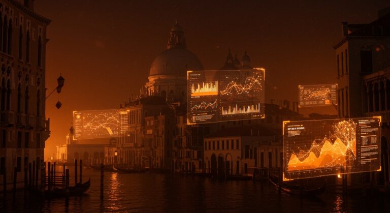 Representación conceptual de GovTech y Smart Cities aplicada a la gestión turística de Venecia con colores naranja y negro.