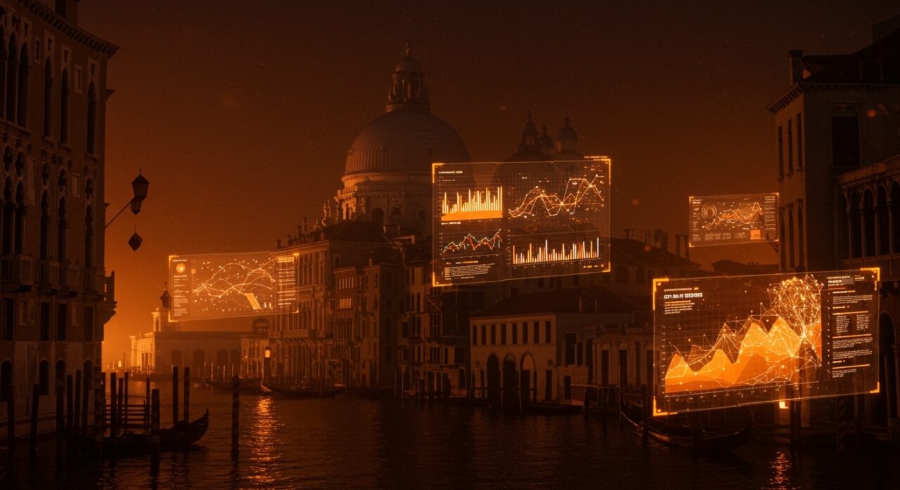 Representación conceptual de GovTech y Smart Cities aplicada a la gestión turística de Venecia con colores naranja y negro.
