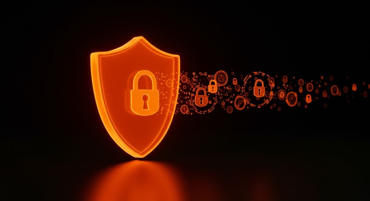 Representación conceptual de privacidad en fintech con un escudo digital naranja protegiendo datos de transacciones financieras.