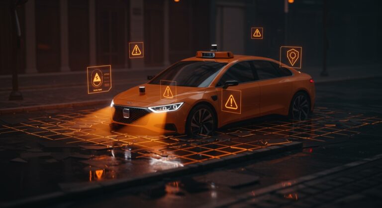 Robotaxi autónomo enfrentando condiciones climáticas adversas, representando los edge cases de la IA y la robótica en startups tecnológicas.
