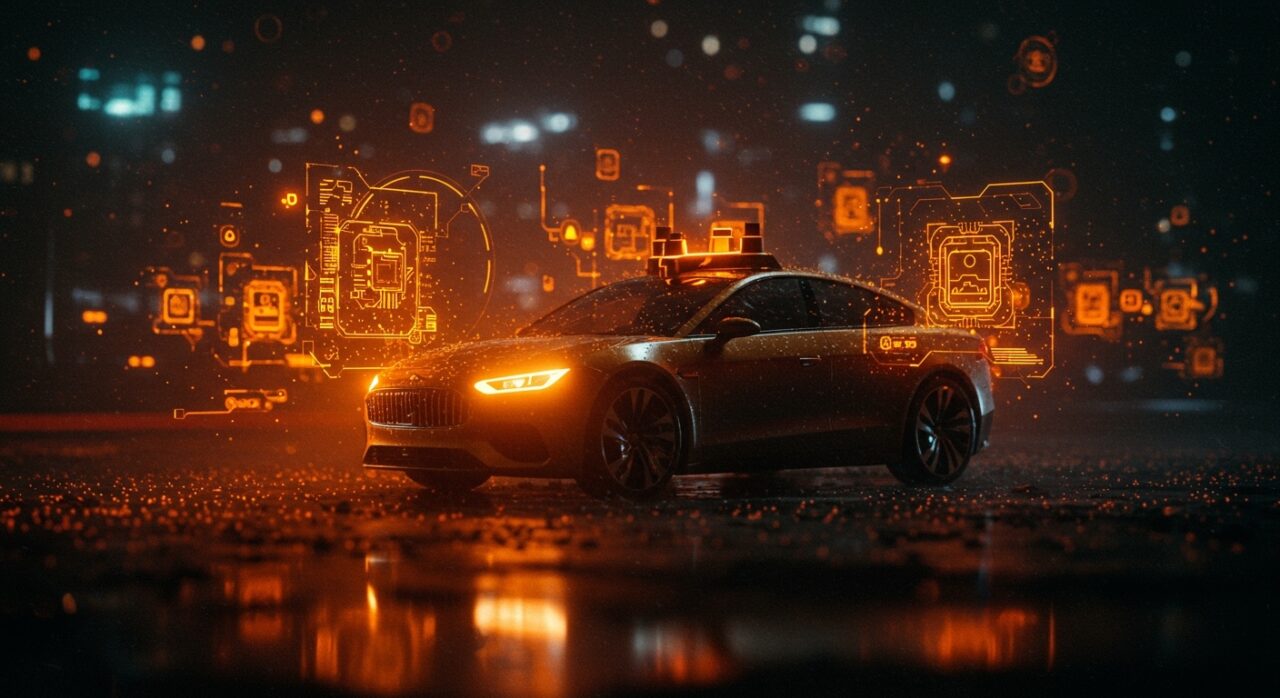 Vehículo autónomo futurista bajo lluvia intensa, representando los retos de seguridad y edge cases en la inteligencia artificial para startups.