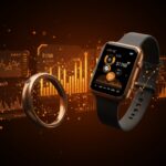 Representación futurista de dispositivos wearables y anillos inteligentes en un entorno de alta tecnología, simbolizando el mercado de healthtech 2026.
