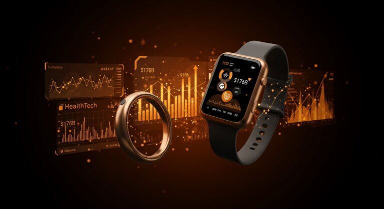 Representación futurista de dispositivos wearables y anillos inteligentes en un entorno de alta tecnología, simbolizando el mercado de healthtech 2026.