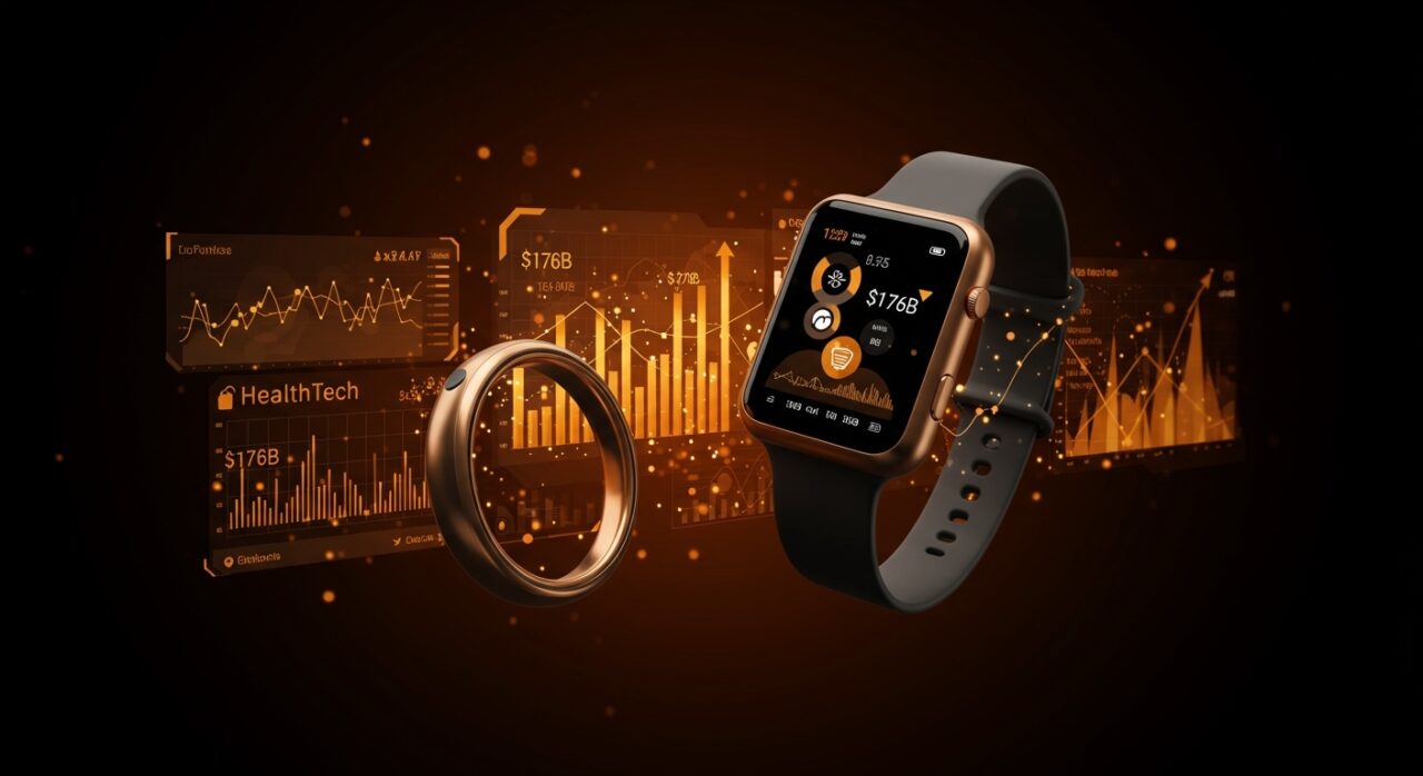 Representación futurista de dispositivos wearables y anillos inteligentes en un entorno de alta tecnología, simbolizando el mercado de healthtech 2026.