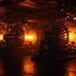Infraestructura de energía para centros de datos de IA con turbinas industriales en tonos naranja y negro, representando riesgos regulatorios para startups.