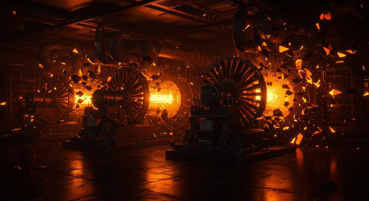 Infraestructura de energía para centros de datos de IA con turbinas industriales en tonos naranja y negro, representando riesgos regulatorios para startups.