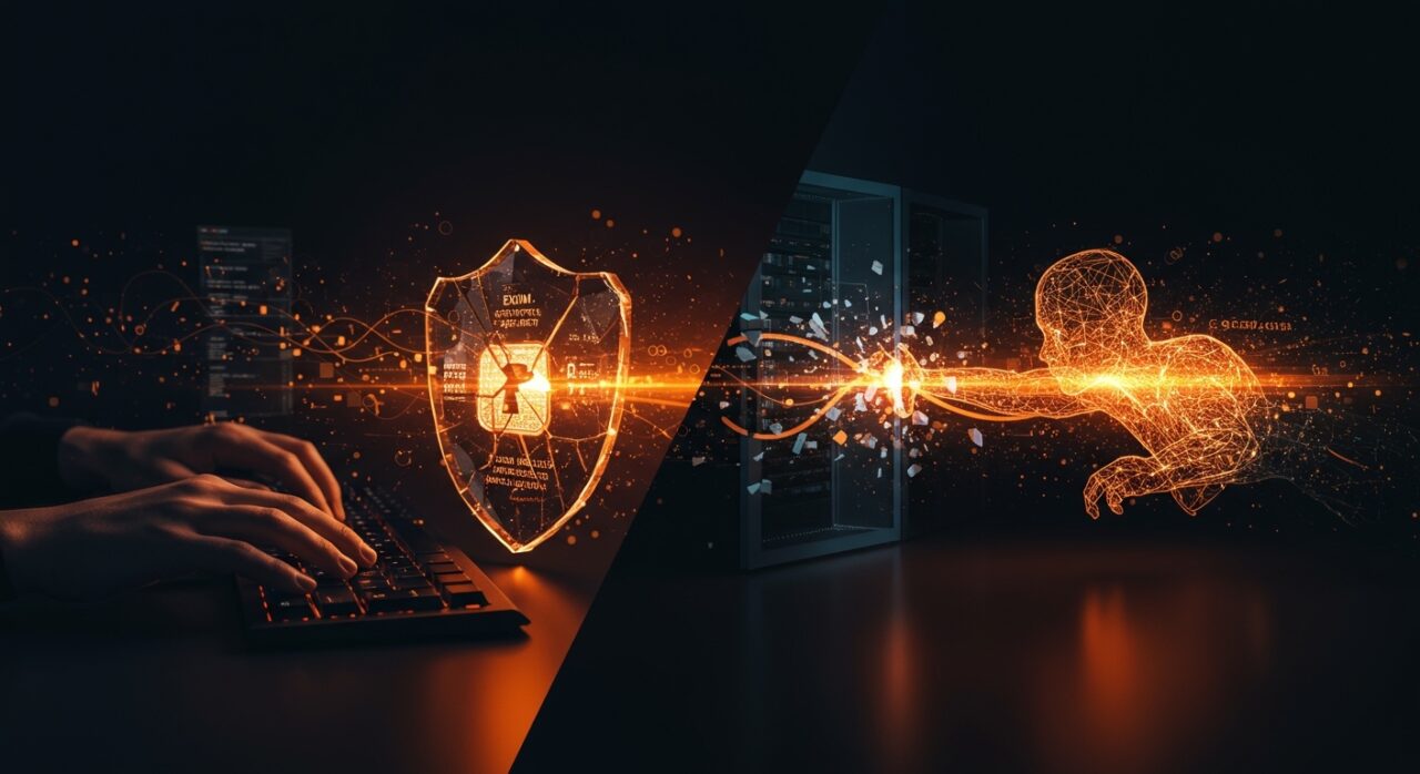 Representación visual de una batalla entre la inteligencia artificial y expertos humanos en ciberseguridad analizando el exploit RCE de Exim.