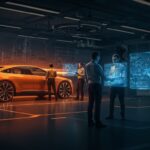 Representación conceptual de la expansión de Xiaomi hacia la industria automotriz eléctrica en Europa con ingenieros de lujo.