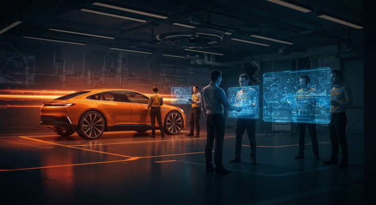 Representación conceptual de la expansión de Xiaomi hacia la industria automotriz eléctrica en Europa con ingenieros de lujo.