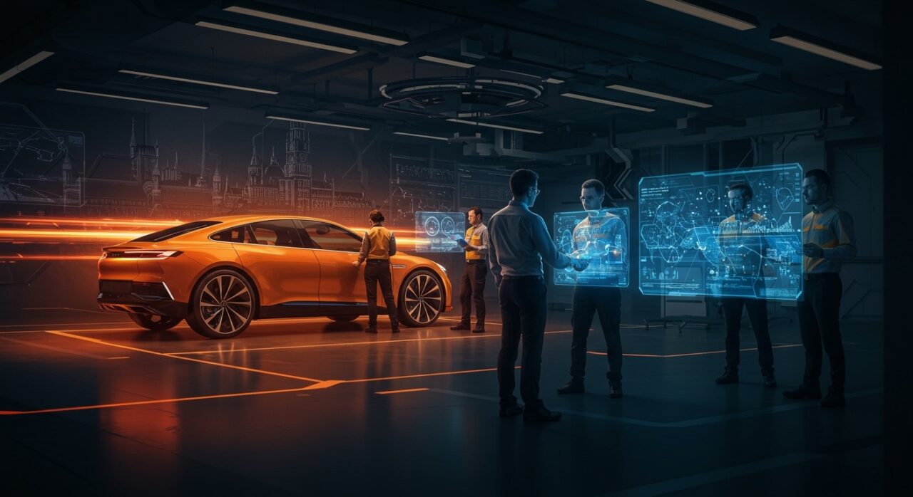 Representación conceptual de la expansión de Xiaomi hacia la industria automotriz eléctrica en Europa con ingenieros de lujo.
