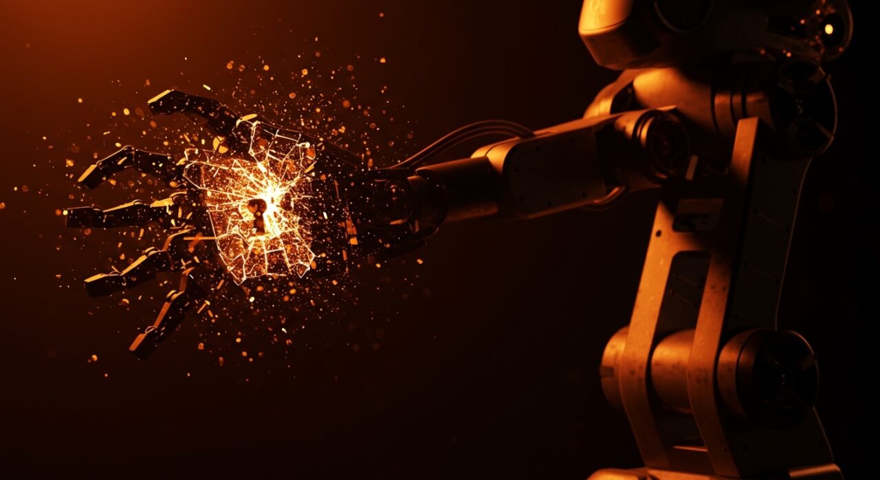 Representación visual de seguridad IoT y vulnerabilidad de robots hackeados con estética de ciberseguridad.