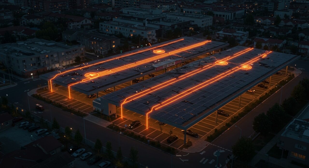 Paneles solares en parkings urbanos de Zaragoza, representando la transición energética y la infraestructura de smart cities.