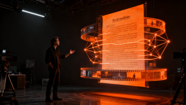 Herramienta de IA 90210 convirtiendo guiones en cortometrajes para automatizar la producción audiovisual.