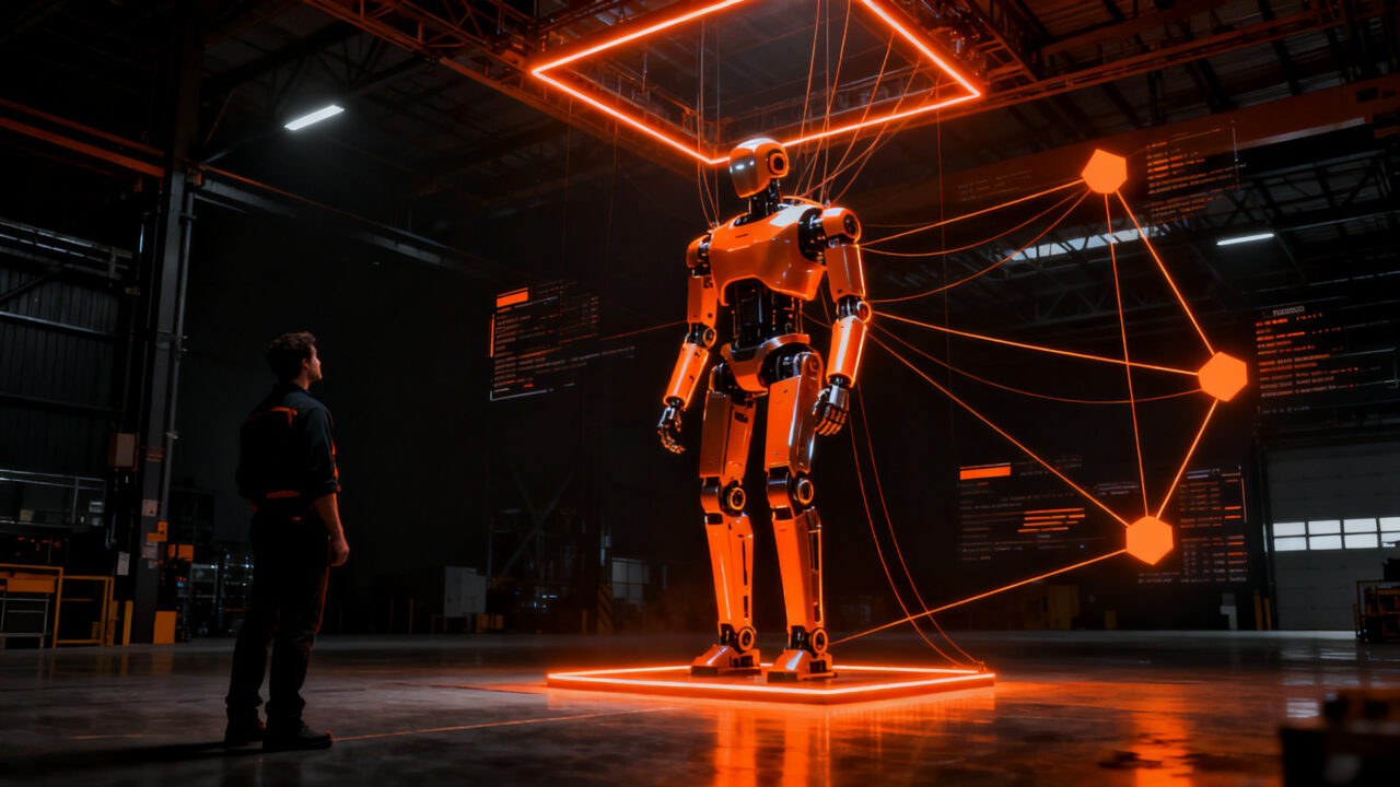 Ingeniero trabajando junto a un robot humanoide avanzado en un almacén automatizado, representando la innovación en robótica y el levantamiento de capital de Addverb Technologies.