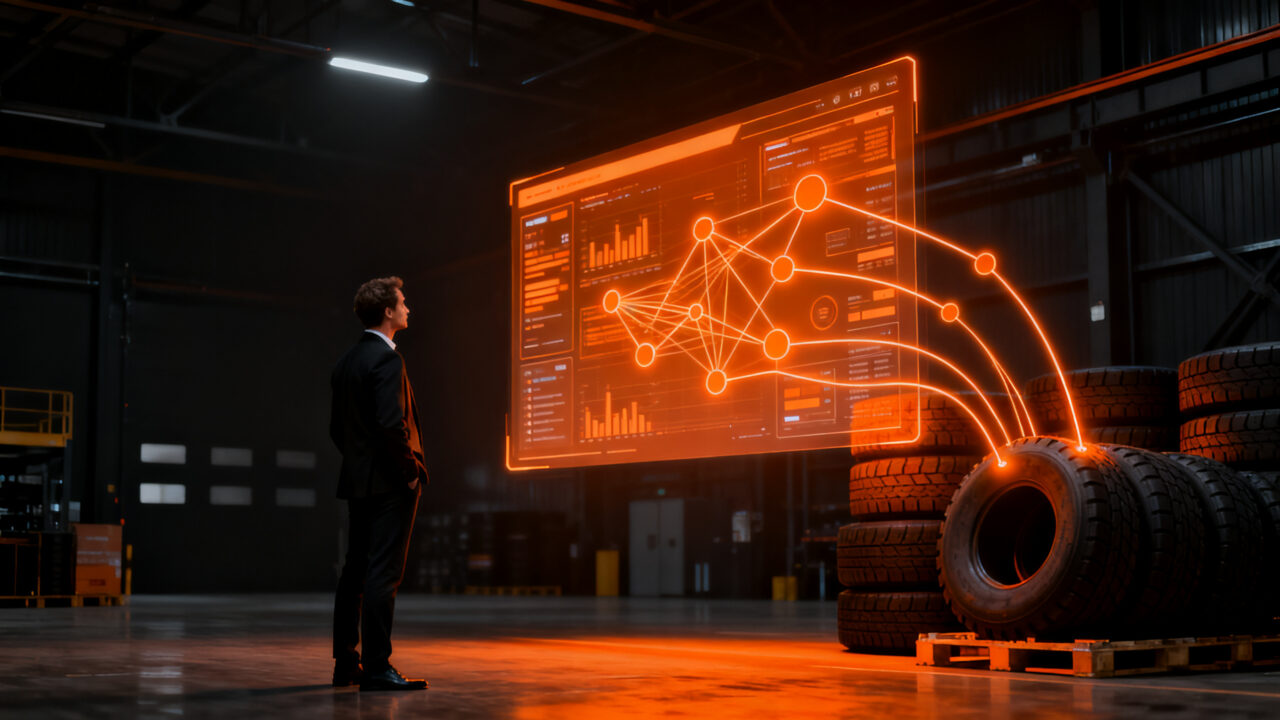 Digitalización industrial de sectores tradicionales mediante soluciones SaaS B2B, mostrando la transformación tecnológica en la distribución de neumáticos.