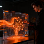 Profesional creativo utilizando herramientas de Adobe Firefly AI para automatización creativa en marketing digital, representando el futuro de la IA generativa.