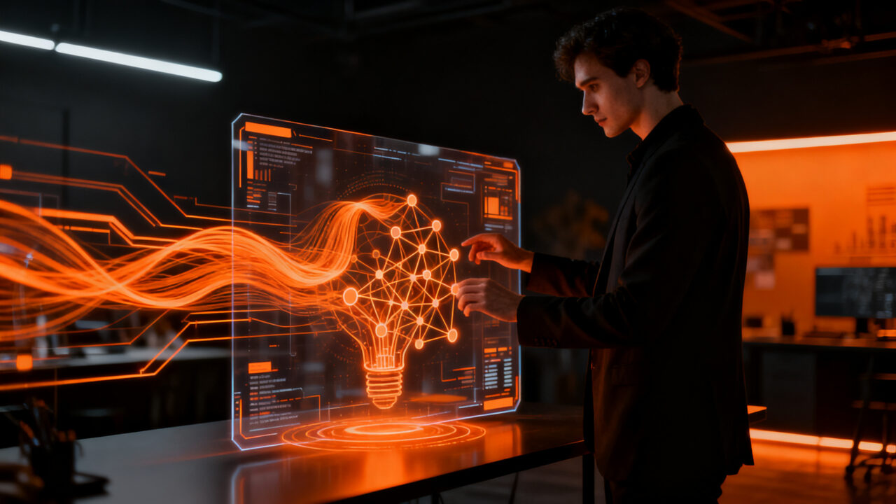 Profesional creativo utilizando herramientas de Adobe Firefly AI para automatización creativa en marketing digital, representando el futuro de la IA generativa.