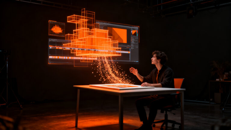 Diseñador utilizando herramientas de IA en Adobe Creative Cloud para automatizar flujos de trabajo creativos en startups.
