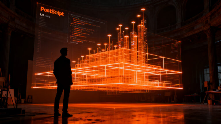 Fundador analizando arquitectura de software B2B, lecciones de Adobe PostScript para startups tecnológicas.