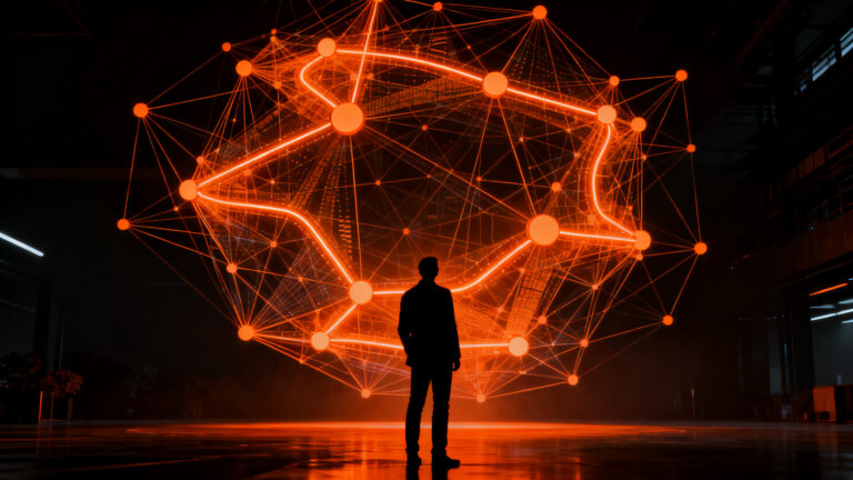 Emprendedor analizando redes de IA causal en un entorno de inversión startup, representando el futuro de la financiación tecnológica.