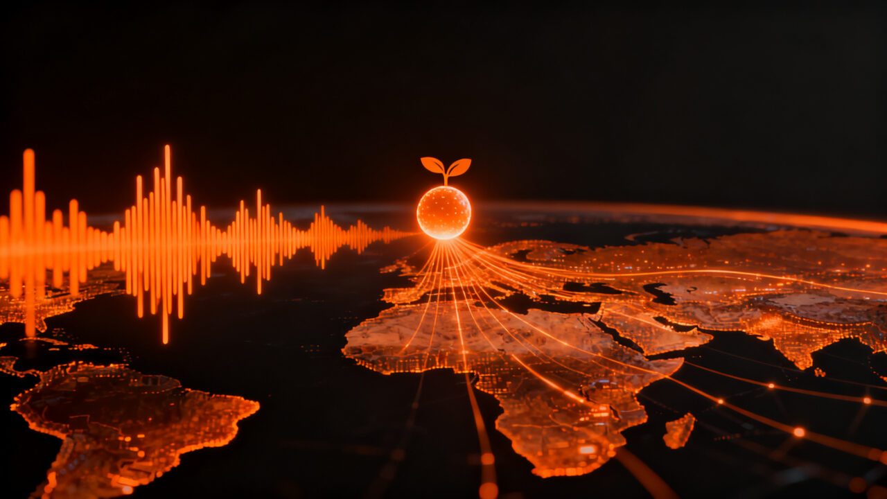 Visualización de voice AI de AethexAI con ondas de sonido naranja transformándose en datos digitales, representando inversión pre-seed de $3M para IA conversacional en mercados emergentes de África y Medio Oriente.
